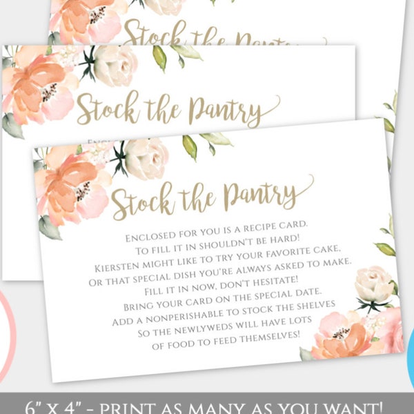 Peach Floral Bridal Shower Enclosure Card Template Stock The Pantry, Edit + Print Yourself Stock the Kitchen Housewarming Personalized WSPF2