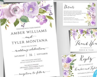 Lilac Wedding Template Set, Printable Instant Download, DIY Editable Purple Wedding Invitation, Simple Modern Digital Lavender Invite, WBPL3