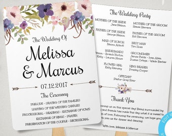 Purple Wedding Program Fan Template, Watercolor Flower Program, PRINTABLE Wedding Fan, DIY Editable Ceremony Program, Lavender Program WBPL4