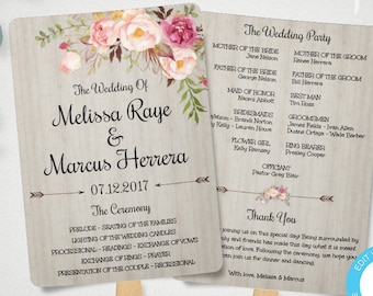 Bohemian Floral Wedding Program Fan Template, BohoFloral Wedding Programs, Printable Ceremony Program Template, Boho Watercolor Flowers WBRB