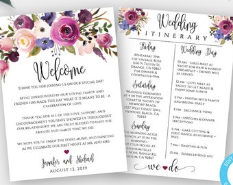Purple Floral Wedding Itinerary Template Download, Printable Wedding Itinerary Fully Editable Welcome Note & Wedding Timeline Welcome Letter