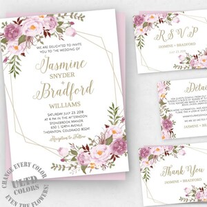 Floral Geometric Wedding Invitation Template, Printable DIY Bohemian Wedding Suite, Editable Instant Download Invite, Romantic Greenery