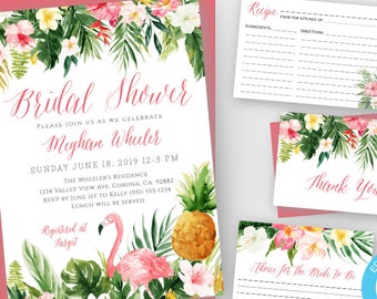 Tropical Bridal Shower Invitation Template Set, Recipe Card + Advice for the Bride, Editable Flamingo Invite Printable Pineapple Invite WST2