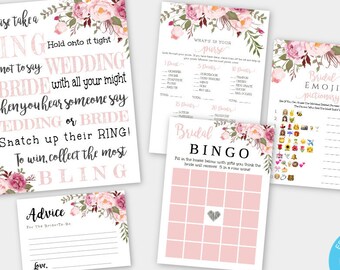 Pink Floral Boho Bridal Shower Template Game Pack, Edit + Print Yourself, Wedding Shower Game, Bridal Games Set, Template Game Bundle, WSBH