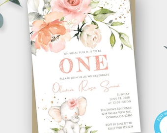 First Birthday Invitation, Elephant Birthday Invitation Template for Girl, Pink Floral 1st Birthday, Editable Peach Baby Elephant Card, BPGE