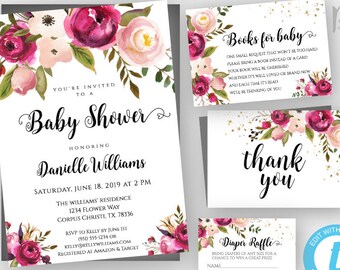 May include: A printable baby shower invitation suite with a floral design. The invitation features pink and burgundy flowers with gold glitter accents. The text reads "You're invited to a Baby Shower honoring Danielle Williams".