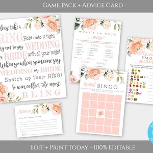 Peach Floral Bridal Shower Game Pack, Printable Wedding Shower Game Bundle, Edit + Print Yourself, Boho Shower Game Instant Download, WSB2