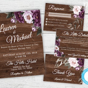 May include: A rustic wedding invitation with a woodgrain background and floral accents. The invitation features the names Lauren and Michael, the date August 12th, 2018, and the location The Hills Hotel. The invitation also includes the text "Request the Honor of Your Presence as They Exchange Marriage Vows" and "Reception to Follow".