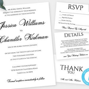 Modern Wedding Invitation Suite, Printable Black White Wedding Invitation Template Set Calligraphy Set for Simple Wedding Instant Download image 1