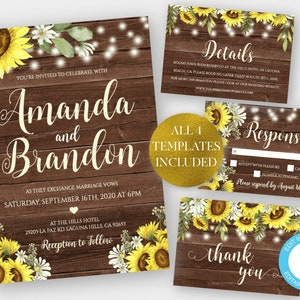 Sunflower Wedding Invitation Template Suite with String Lights, Rustic Wedding Invite, DIY Country Wedding Set, Barn Wedding Kit, WBSF