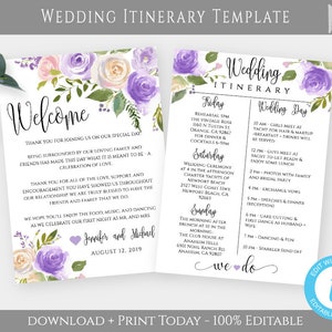 Lilac Wedding Itinerary Template Download, Printable Wedding Itinerary, Editable Welcome Note & Wedding Timeline, Welcome Letter, WBPL3