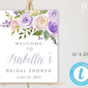 Lilac Bridal Shower Welcome Sign Template, Purple Floral Shower Welcome Sign, Editable Lavender Welcome Poster Sign, Instant Download, WSL2