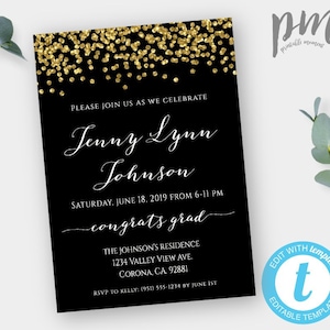 Black and Gold Graduation Invitation Template, Class of 2021, High School Graduation Invite College Graduation Nurse Graduation Party Invite