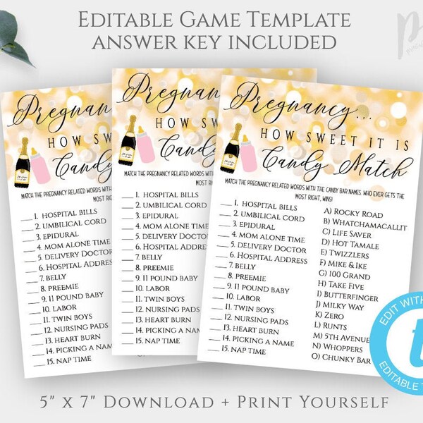 Pregnancy How Sweet Candy Match Template, Poppin' Bottles Baby Shower Game, Pink Bottle Edit + Print Baby Shower Game Instant Download BSPB3