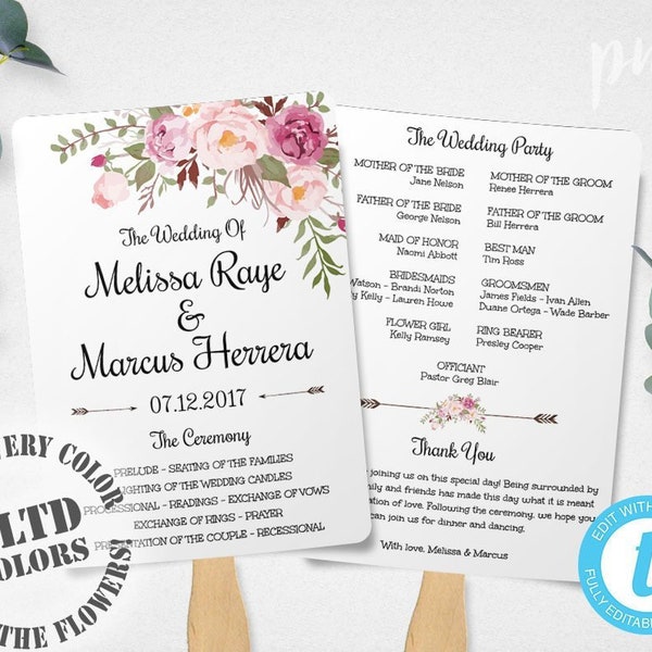 Pink Floral Wedding Program Fan Template, Bohemian Wedding Program, Printable Wedding Ceremony Program, Editable Order of Service, WBBH