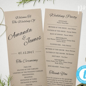 Rustic Printable Wedding Program Template, Instant Download, Ceremony Program, Kraft Wedding Program, Tea Length Program, Editable Program
