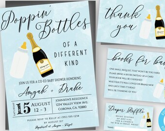 Couples Baby Shower Invitation Template Set, Blue Poppin' Bottles Invite, CoEd Baby Shower, DIY Editable Invitation, Boy Baby Shower, PBBB