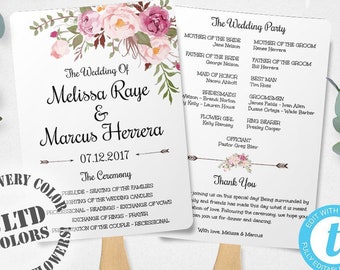 Pink Floral Wedding Program Fan Template, Bohemian Wedding Program, Printable Wedding Ceremony Program, Editable Order of Service, WBBH