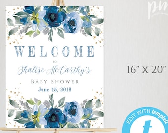 Blau Floral Baby Shower Willkommensschild Vorlage für Jungen, Willkommensplakat, Sofortiger Download, Selbstbearbeitung + Druckschild 16x20 PDF oder JPEG, BFBB