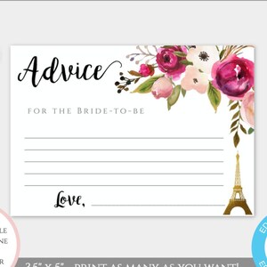 Paris Advice Card Template, Pink Floral Eiffel Tower Advice, DIY Editable French Bridal Shower Advice Card, Printable Boho Advice Card WSPBW