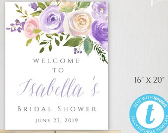 Lilac Bridal Shower Welcome Sign Template, Purple Floral Shower Welcome Sign, Editable Lavender Welcome Poster Sign, Instant Download, WSL2