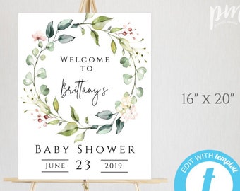 Greenery Baby Shower Welcome Sign Template, Welcome Baby Shower Sign, Welcome Poster, Instant Download, Editable Shower Welcome Sign, BSGF