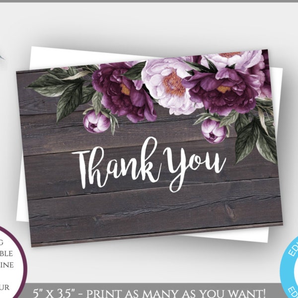 Rustic Floral Thank You Card Template, Lavender Floral Bridal Shower, Purple Floral Bridal Shower, Edit + Download + Print, Flat Card  WSRFP