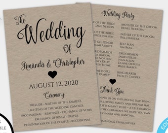 May include: A printable wedding program template with a rustic brown background. The text reads "The Wedding of Amanda & Christopher" with the date August 12, 2020. The program includes a ceremony order and a wedding party list. The template is 5 inches by 7 inches and is 100% editable.