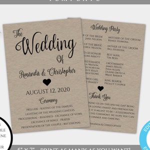 Rustic Wedding Program Template, Calligraphy Printable Program, Instant Download, Ceremony Program, Editable Wedding Program