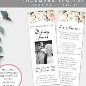 Pink + Peach Floral Funeral Bookmark Keepsake Template, DIY Editable Custom Bookmark, Funeral Favor, Printable Celebration of Life, PFF4