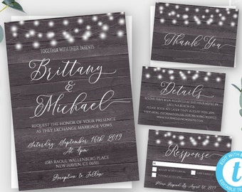 Rustic Lights Wedding Invitation Template Downloads, Printable Barn Wedding Invite with RSVP Details & Thank You Cards, Country Wedding Set