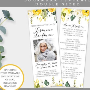 Personalized Bookmark for Funeral, Yellow Floral Custom Bookmark Keepsake, Funeral Favors, Celebration of Life Bookmark Remembrance YFF