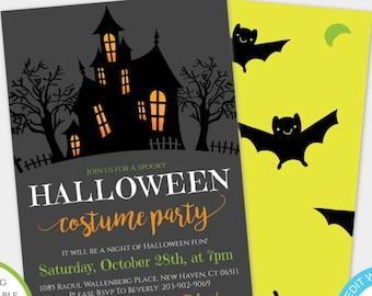 May include: Editable Halloween party invitation template with a black silhouette of a haunted house with glowing windows and bats on a yellow background. The text reads "Join us for a spooky Halloween costume party" and includes the date, time, and location. The invitation is 5 inches by 7 inches and is printable.