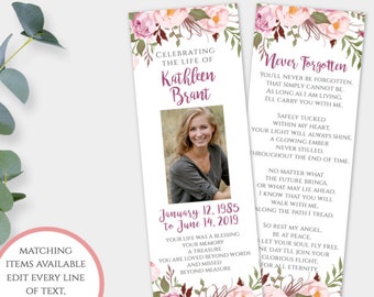 Funeral Favors, Celebration of Life Favors, Memorial Bookmark, Funeral Bookmark, Customized Memorial Bookmarks, Bookmark Keepsake, Pink PFF2