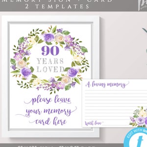 90 Years Loved Memory Card + Sign Template, Purple Floral Memory Card Editable Template 90th Birthday Party Activity Ninety + Fabulous BPP90