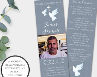 Men's Funeral Keepsake Bookmark Template, Editable DIY Custom Funeral Favors, Celebration of Life, Remembrance, Memory Card, Memorial Card