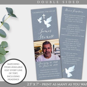 Men&#39;s Funeral Keepsake Bookmark Template, Editable DIY Custom Funeral Favors, Celebration of Life, Remembrance, Memory Card, Memorial Card