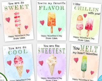 May include: Six printable Valentine's Day cards featuring watercolor illustrations of ice cream cones and popsicles. Each card has a different message, such as "You are so sweet" or "You melt my heart Valentine". The cards are 2.75 inches by 3.75 inches and are 100% editable.