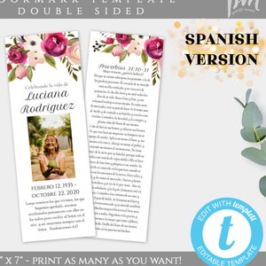 Spanish Personalized Bookmark for Funeral, Pink Floral Custom Bookmark Keepsake, Funeral Favor, Celebration of Life Bookmark Remembrance