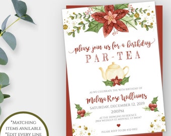 Christmas Birthday Tea Party Invitation Template, Editable Birthday Party Invite, Edit the Age Birthday Par-Tea, Red + Gold Poinsettias