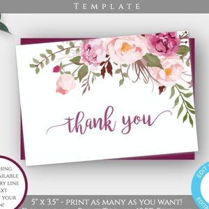Modèle de carte de remerciement funéraire floral rose, service commémoratif imprimable, carte funéraire modifiable DIY pour femme, carte mémoire aimante, PFF2