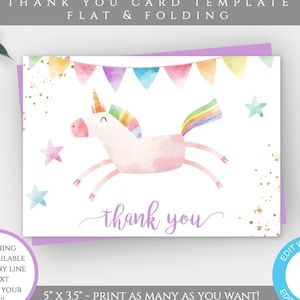 Unicorn Thank You Card Template for Birthday Tent Fold & Flat - Etsy