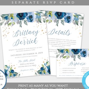 Blue Floral Wedding Invitation Template Suite, Printable Invitation, Editable Template, Instant Download, Navy Wedding Invite, RSVP Card