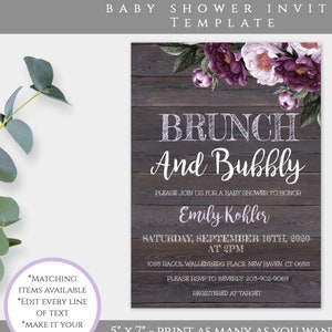 Lavender Rustic Floral Brunch and Bubbly Baby Shower Invitation Template, Lilac Shower Invite, Country Chic, Purple Floral Shower