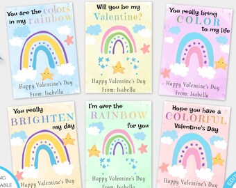 Rainbow Valentines Day Card Template, Rainbow Valentines Cards for Kids Classroom, Editable Valentine Template, Girl Personalized Valentine