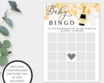 Poppin' Bottles Baby Shower Bingo Game Template, Baby Shower Game, Gender Neutral Baby Shower Bingo Cards Download, New Years Shower, BSPB4