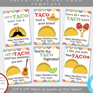 Taco Valentine Card Template, Taco Valentines Cards for Kids Classroom, Editable Valentine, Personalized Valentine, Fiesta Valentine Card