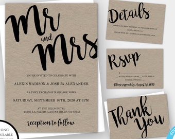 Rustic Mr And Mrs Wedding Invitation, Vintage Wedding Suite, Kraft Wedding Invite, Simple Wedding Invite, Minimalist Wedding, Modern Wedding
