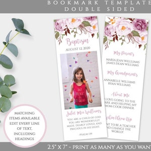 Personalized Bookmark for Baptism, Custom Bookmark Baptism Favor, Purple Floral Bookmark for Girl Baptism, Printable Baptism Template, BAP6
