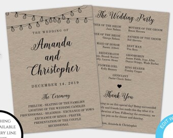 Rustic Wedding Ceremony Program Template with String Lights, Edit + Print Yourself Calligraphy Download Front + Back Order of Service, WBRL3